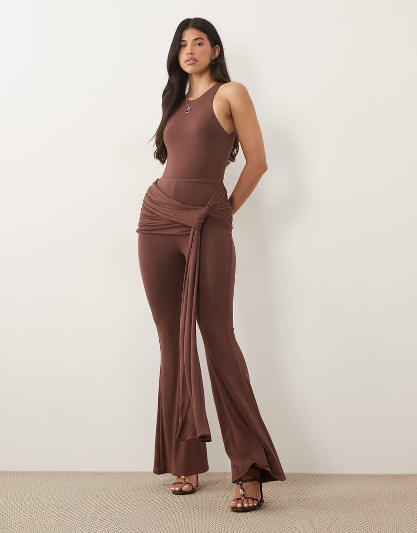 ASOS Wanderdoll Bella sculpting second skin racer neck bodysuit and wide leg trousers co-ord in chocolate - 1