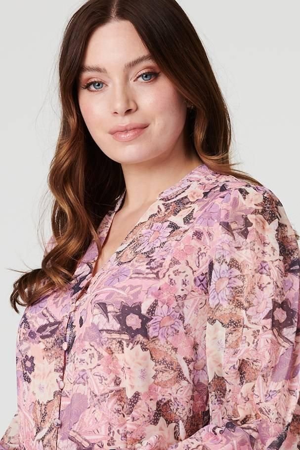 Izabel London Izabel London Women's Floral Long Puff Sleeve Shirt Dress in Pink - 2