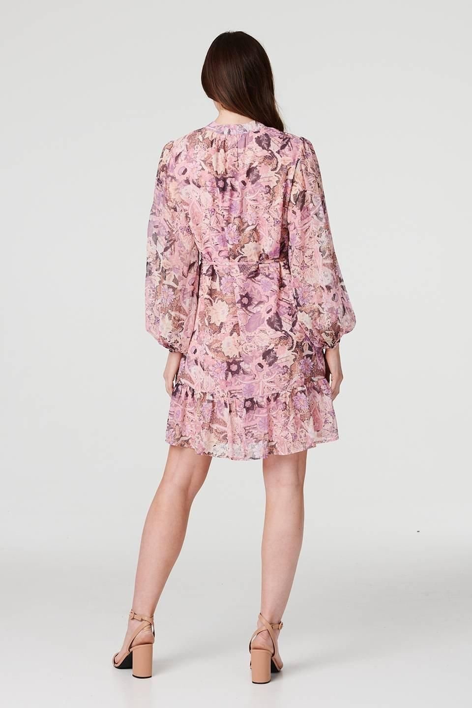 Izabel London Izabel London Women's Floral Long Puff Sleeve Shirt Dress in Pink - 3