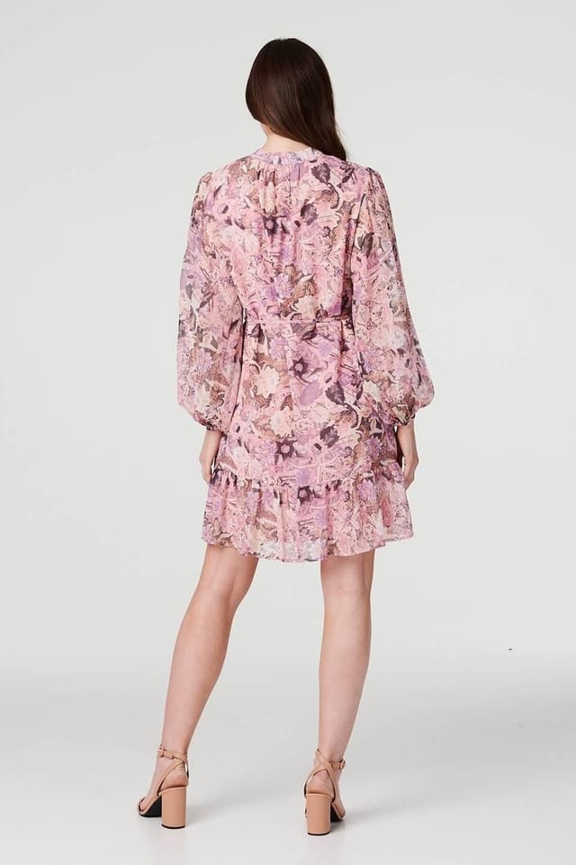 Izabel London Izabel London Women's Floral Long Puff Sleeve Shirt Dress in Pink - 3