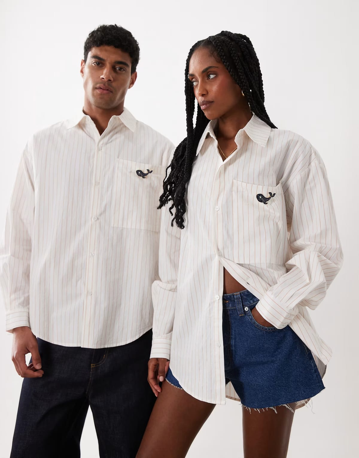 ASOS Sister Jane Unisex Orion embellished brooch detail long sleeve shirt in ivory stripe - 1