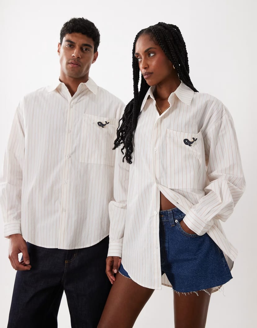 ASOS Sister Jane Unisex Orion embellished brooch detail long sleeve shirt in ivory stripe - 1