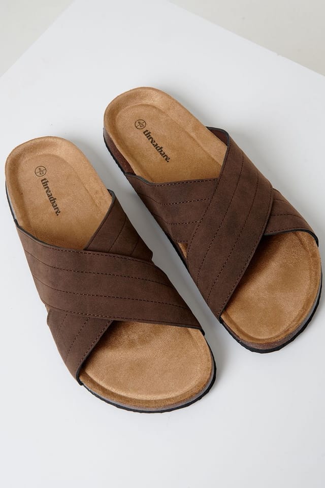 Threadbare threadbare Men's Faux Suede Cross Strap Sandals in Chocolate - 2