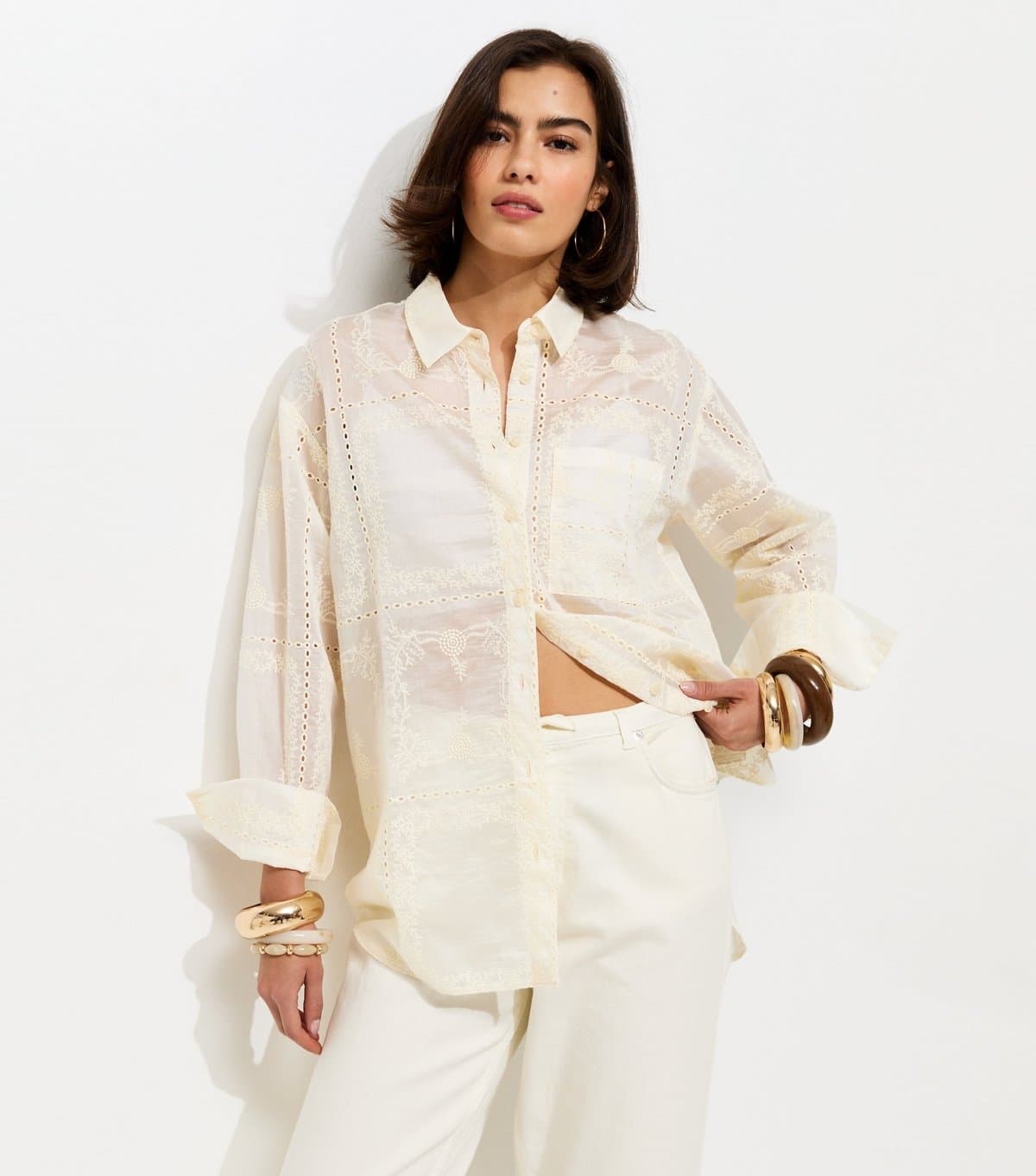 New Look Women's Cream Embroidered Patchwork Shirt New Look