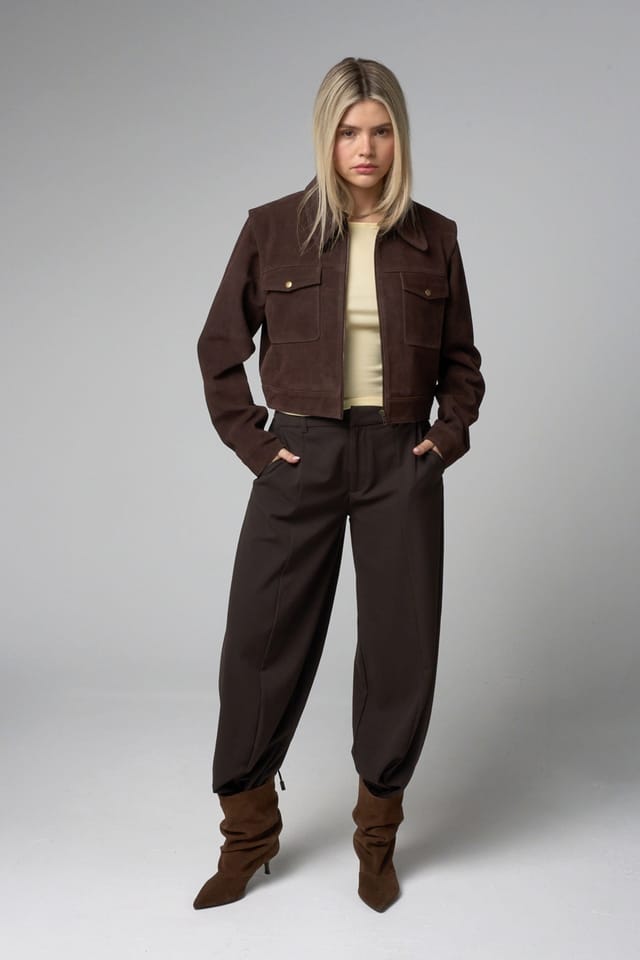 Barneys Originals Barneys Originals Women's Cropped Buffalo Suede Jacket in Chocolate - 2