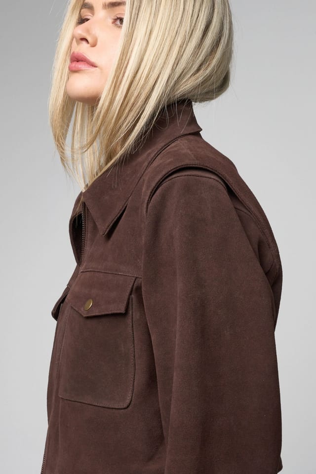 Barneys Originals Barneys Originals Women's Cropped Buffalo Suede Jacket in Chocolate - 3