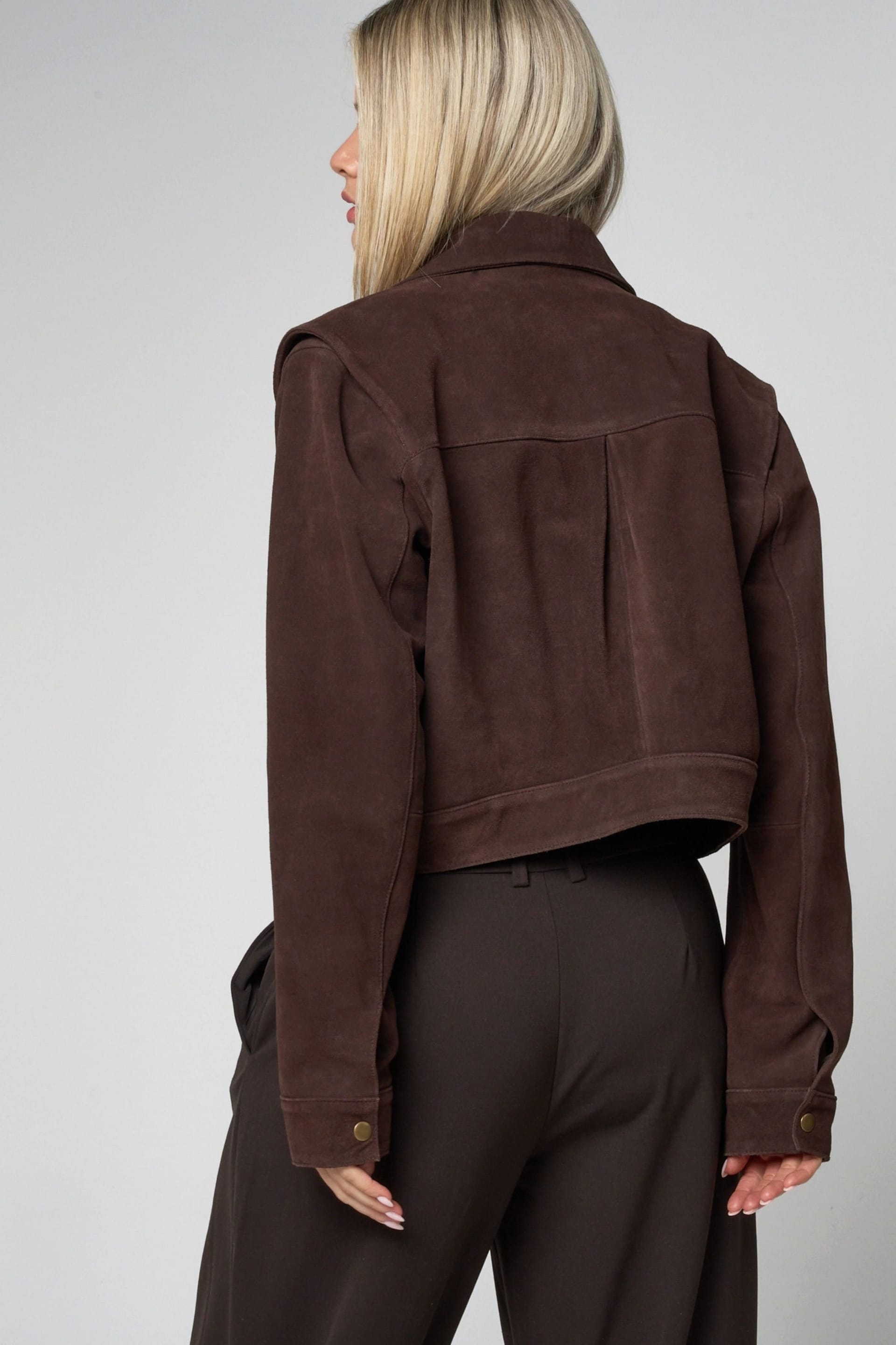 Barneys Originals Barneys Originals Women's Cropped Buffalo Suede Jacket in Chocolate - 4