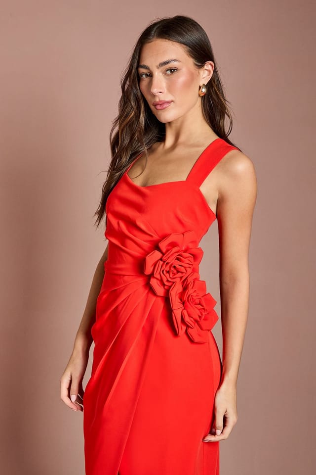 Coast Coast Women's Corsage Pleated Pencil Dress in Flame Red - 2