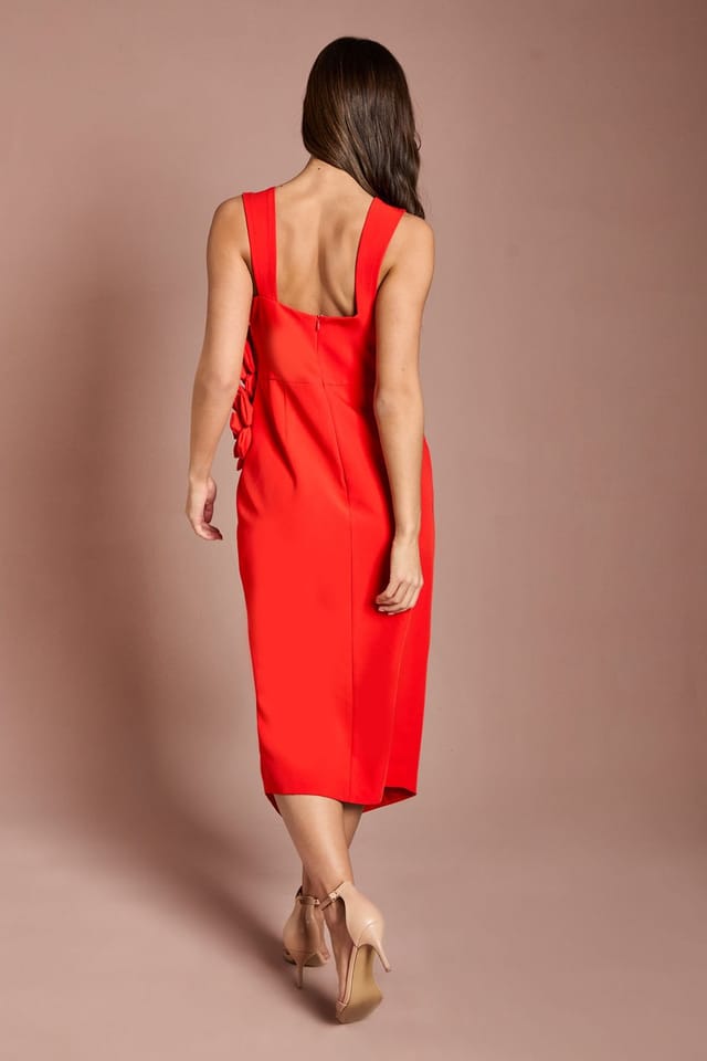 Coast Coast Women's Corsage Pleated Pencil Dress in Flame Red - 3