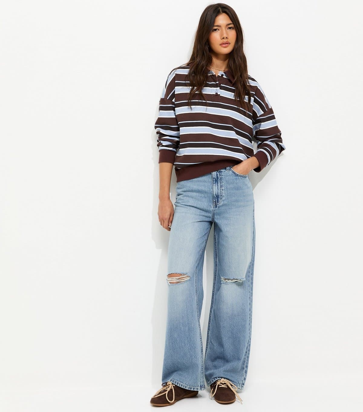 New Look Women's Blue Ripped Knee Wide Leg Adalae Jeans New Look