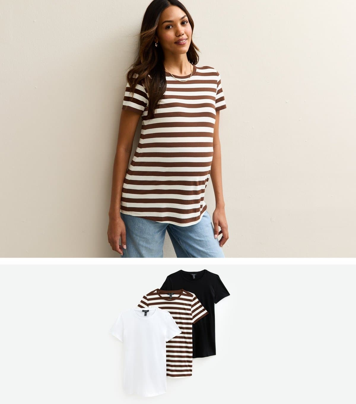 New Look Women's Maternity Pack Of 3 Brown Stripe  White and Black Relaxed T-Shirts New Look