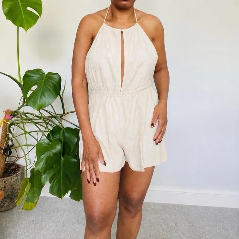 ASOS Design Asos beige cotton halter playsuit with ties Size 12P