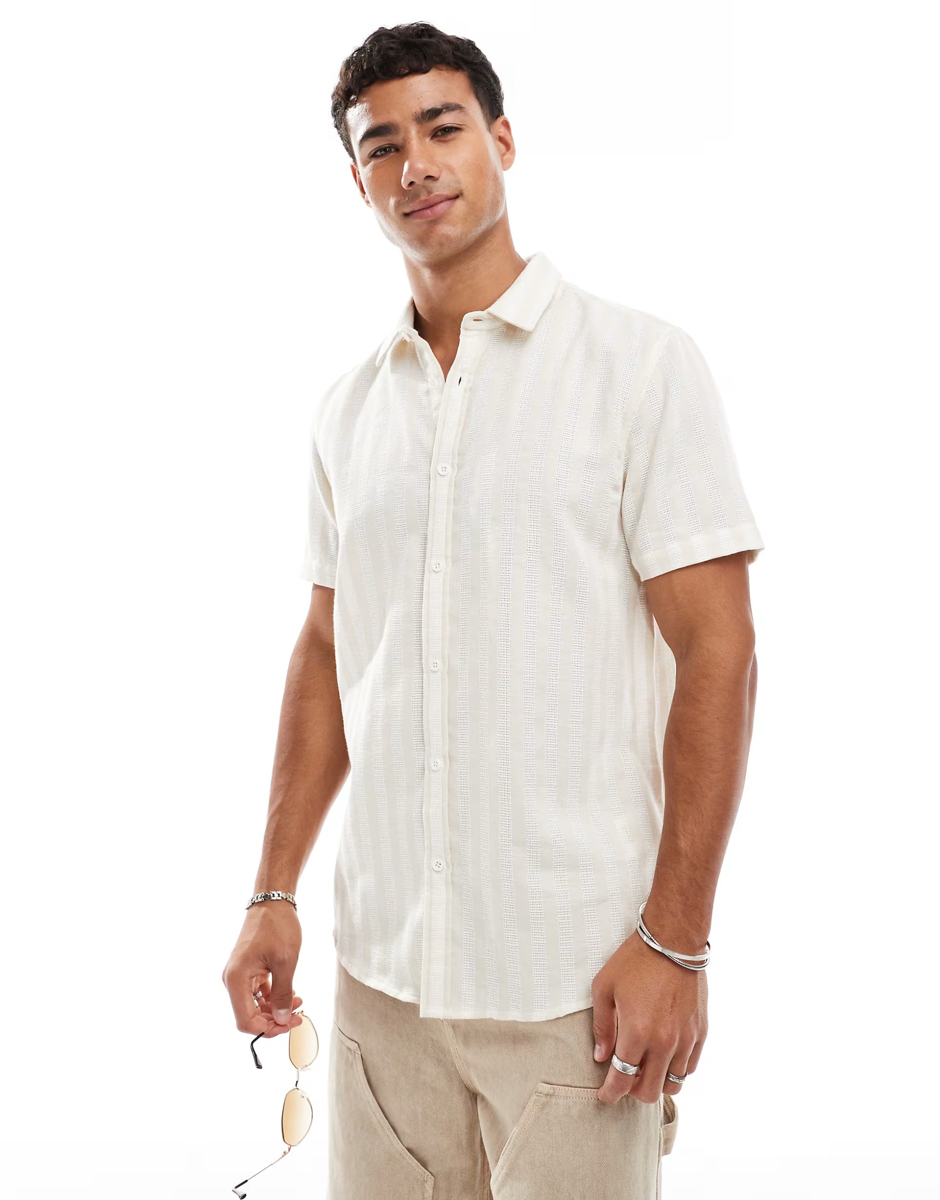 ASOS Threadbare short sleeve shirt in beige and white stripe - 1