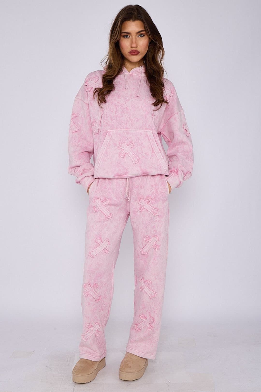 STYLEWISE STYLEWISE Women's Crucifix Embroidered Acid Wash Fleece Oversized Co-ord in Pink