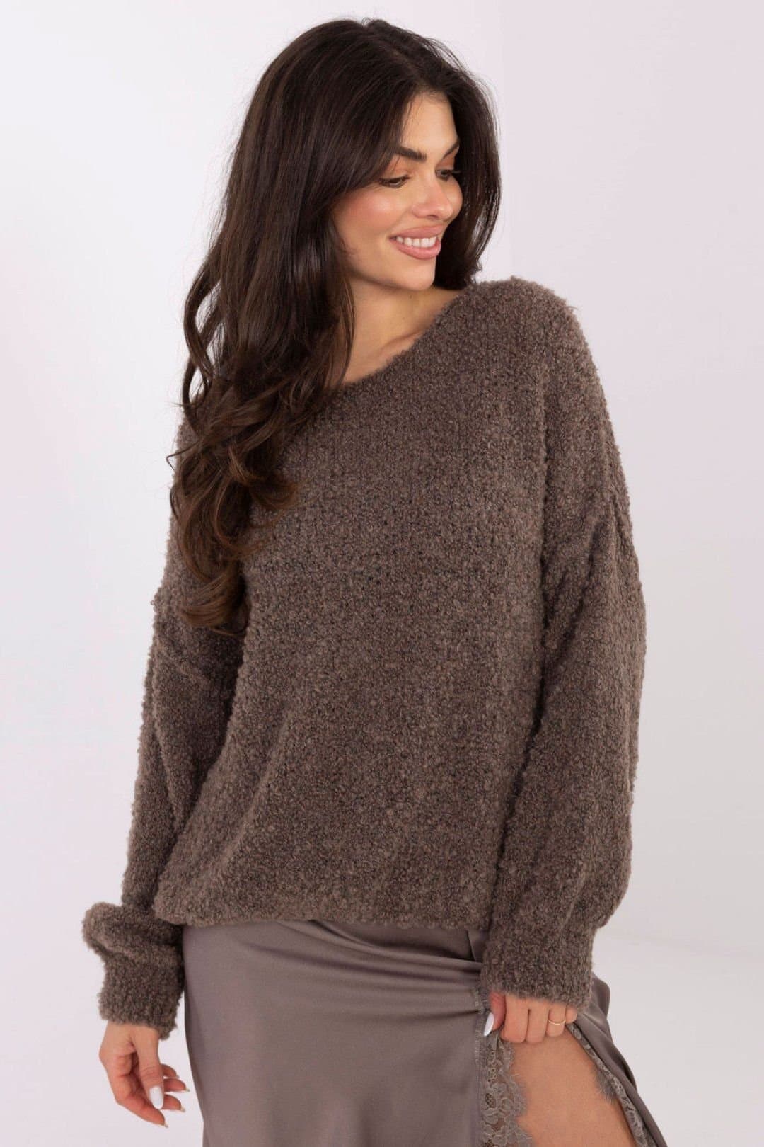 Love Lace Love Lace Women's Boucle Knit Sweater with Decorative Stitching in Brown