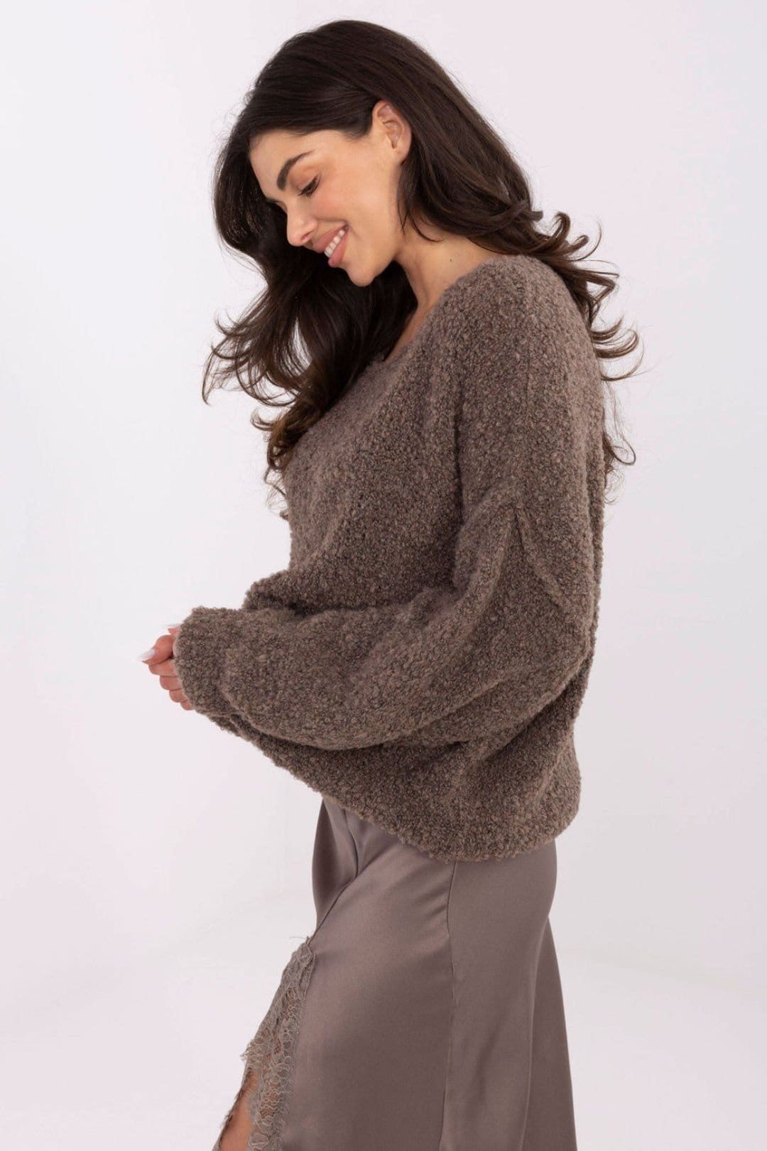 Love Lace Love Lace Women's Boucle Knit Sweater with Decorative Stitching in Brown - 4