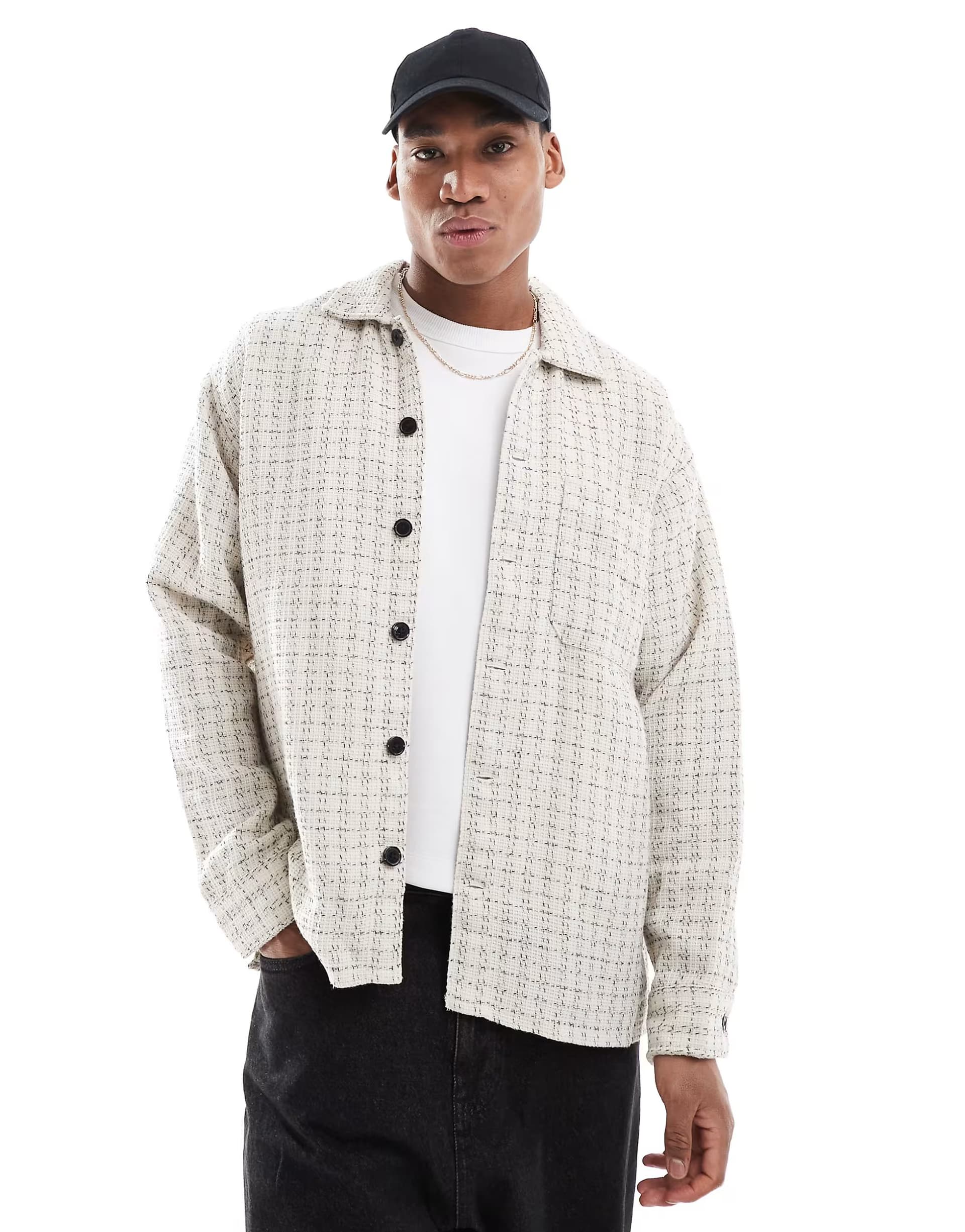 ASOS Jack & Jones textured overshirt in cream check