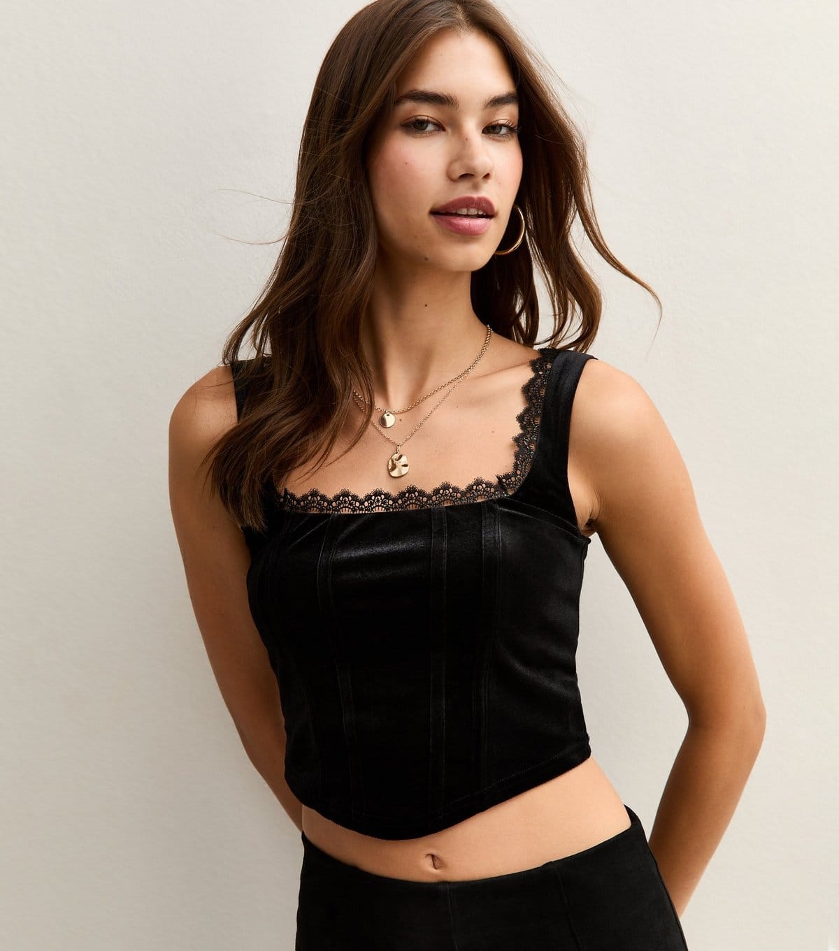 New Look Women's Black Lace Trimmed Velvet Corset Top New Look - 1