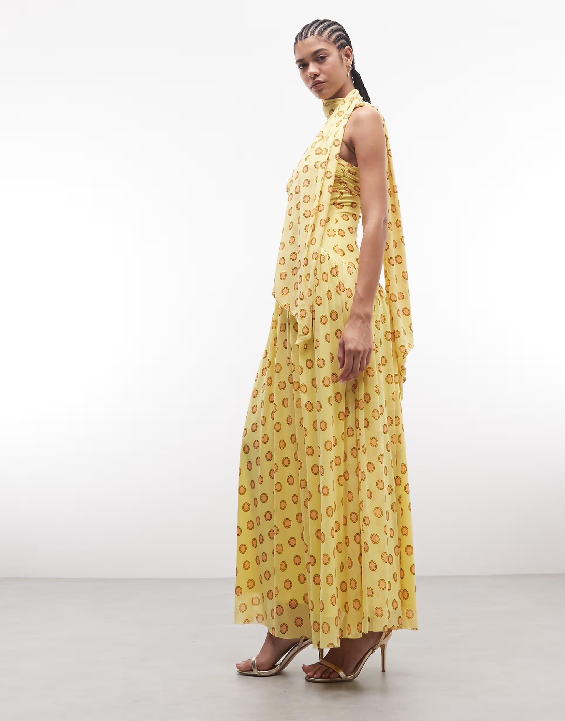 ASOS AFRM Rori sculpted waist maxi dress with scarf in deco dot yellow