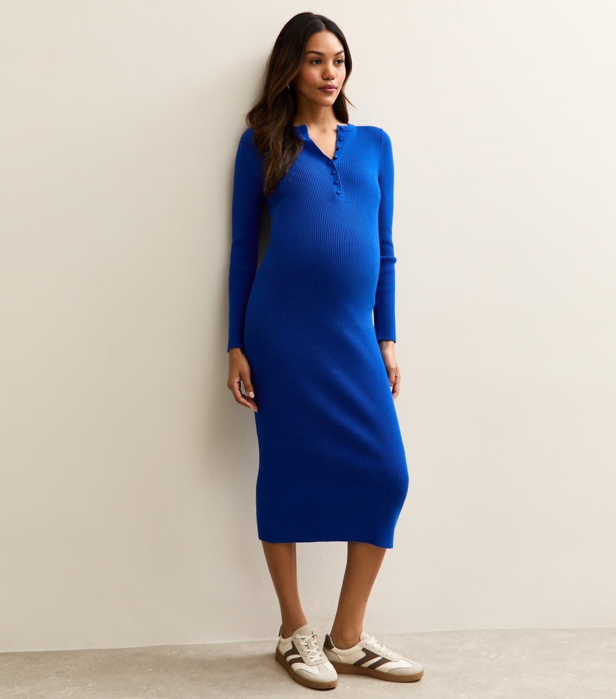 New Look Women's Maternity Bright Blue Ribbed Henley Midi Dress New Look