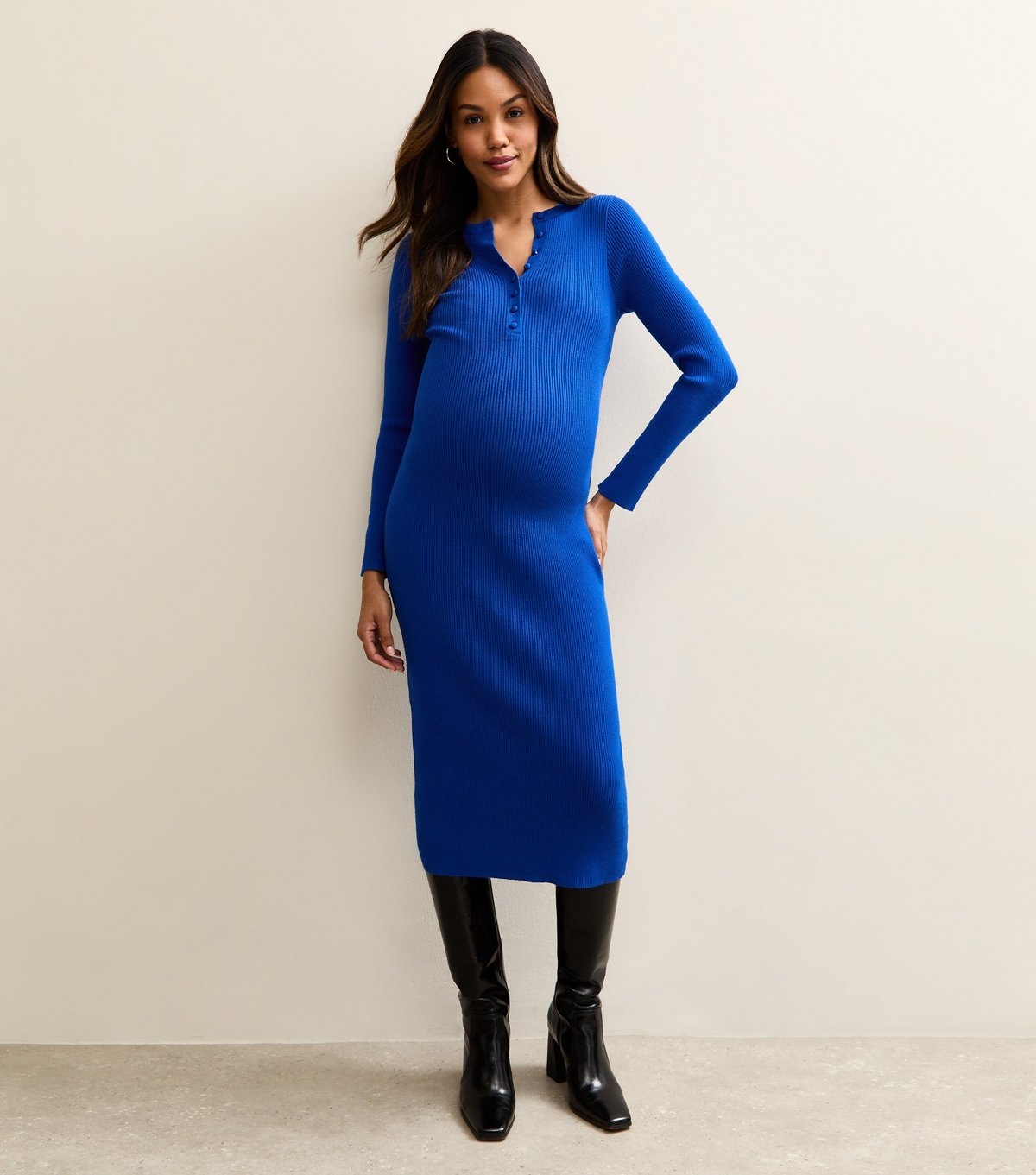 New Look Women's Maternity Bright Blue Ribbed Henley Midi Dress New Look - 3