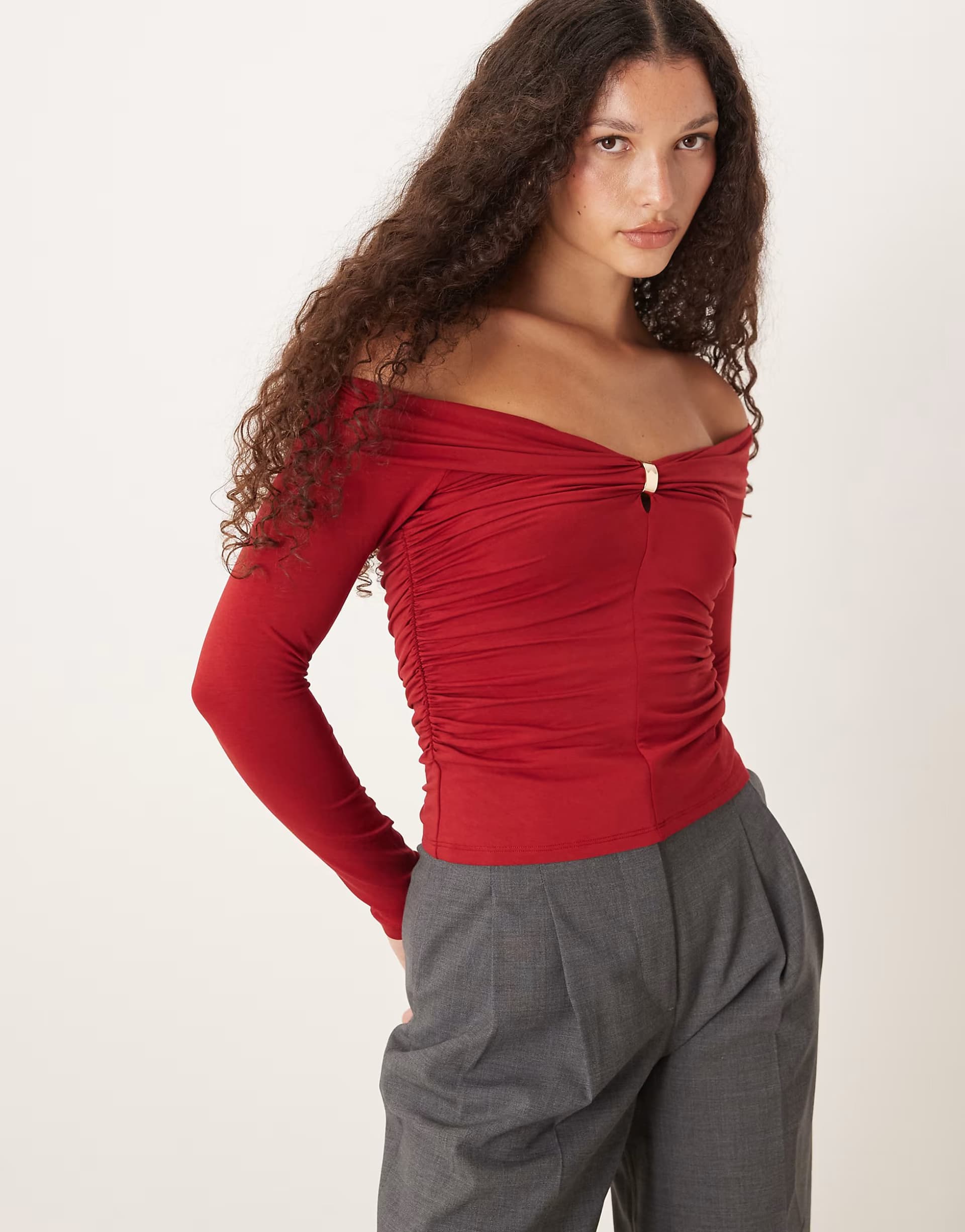 ASOS ASOS Abercrombie & Fitch Off-Shoulder Long Sleeve Top in Red