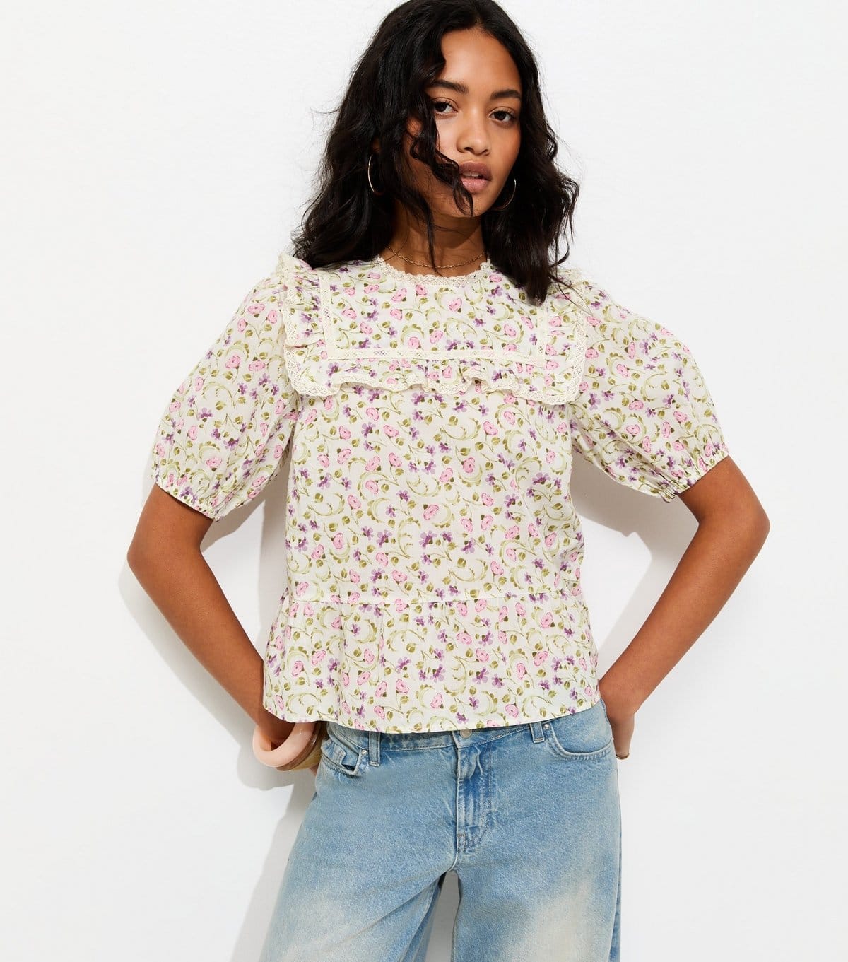 New Look Cream Floral Lace Yoke Puff Sleeve Blouse