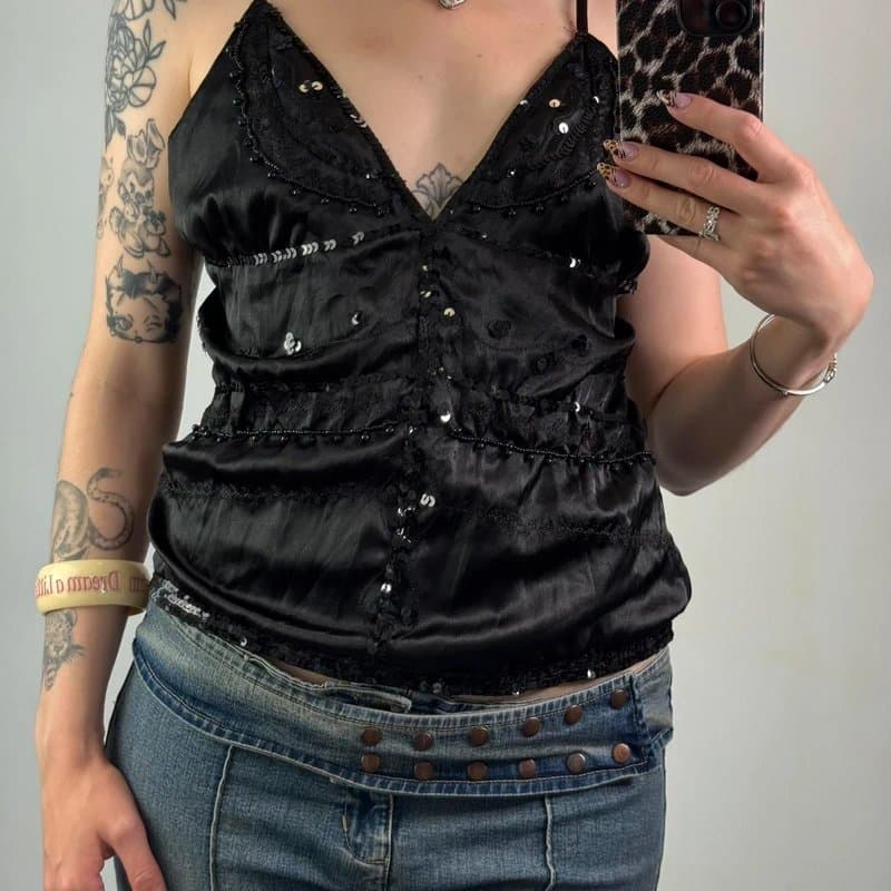 Lipsy Y2K vintage satin beaded embellished sequin cami top embroidered party festival