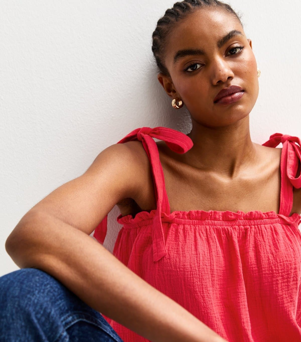 New Look Women's Tall Red Cotton Tie Shoulder Cami Top New Look