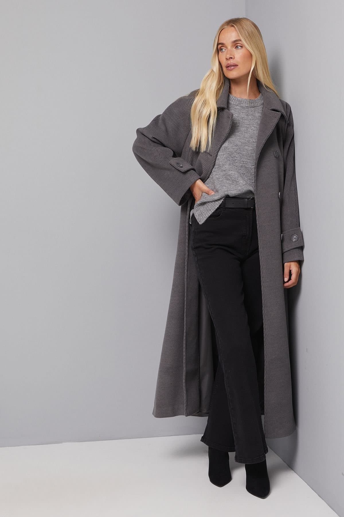 Wallis Wallis Women's Petite Maxi Double Breasted Car Coat in Grey