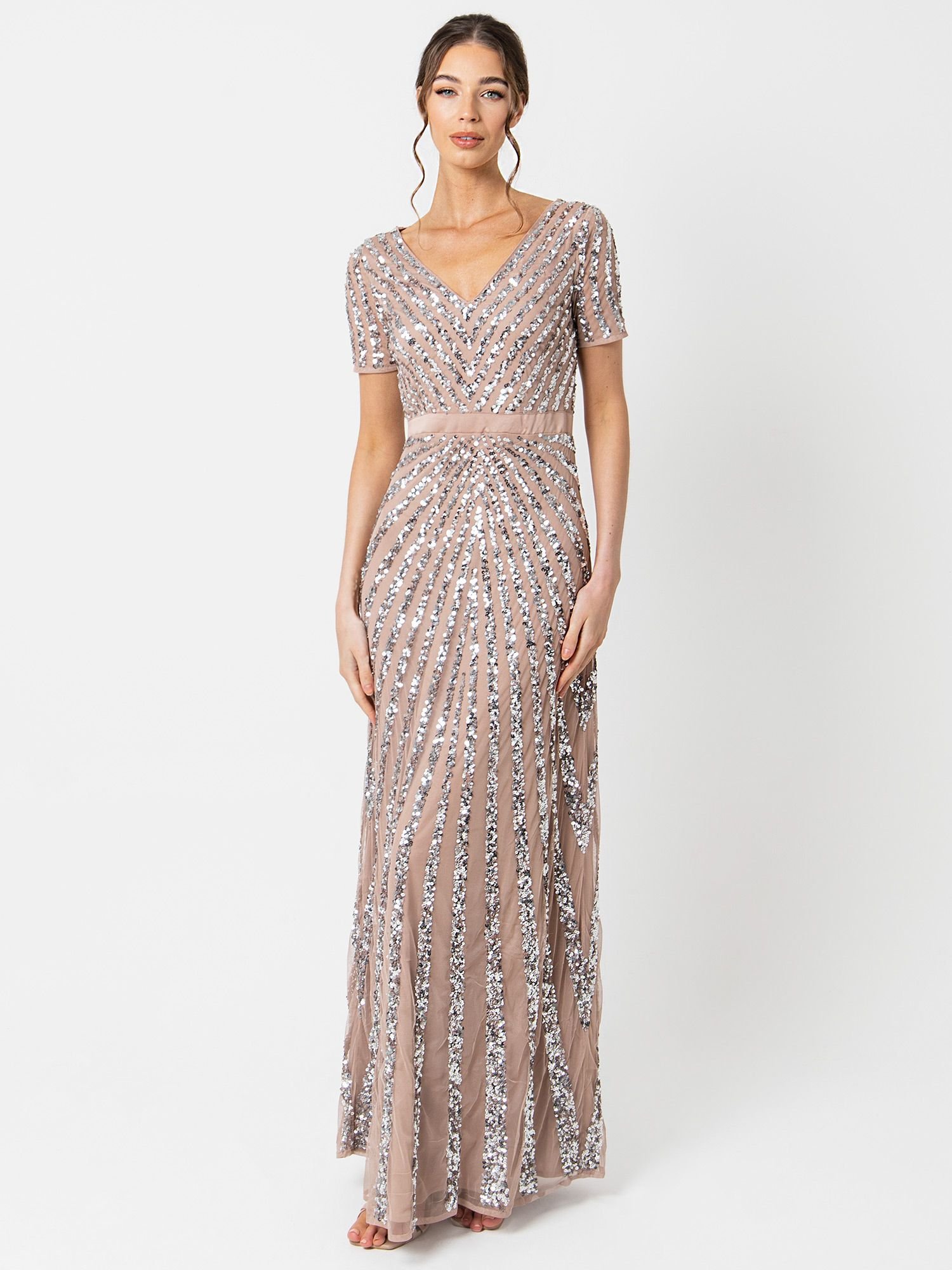 Maya Deluxe Maya Deluxe Women's Short Sleeve Stripe Embellished Maxi Dress in Taupe - 4