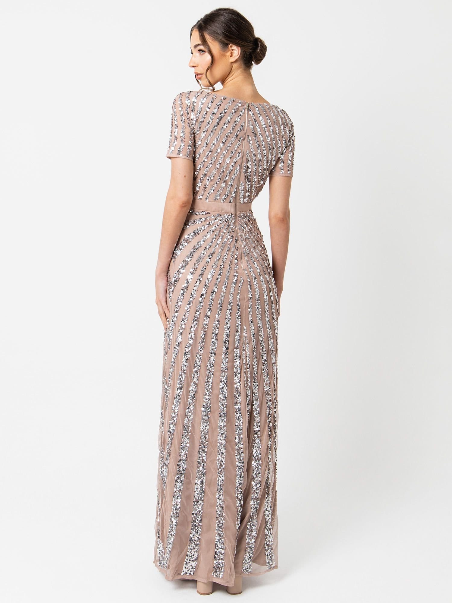 Maya Deluxe Maya Deluxe Women's Short Sleeve Stripe Embellished Maxi Dress in Taupe - 4