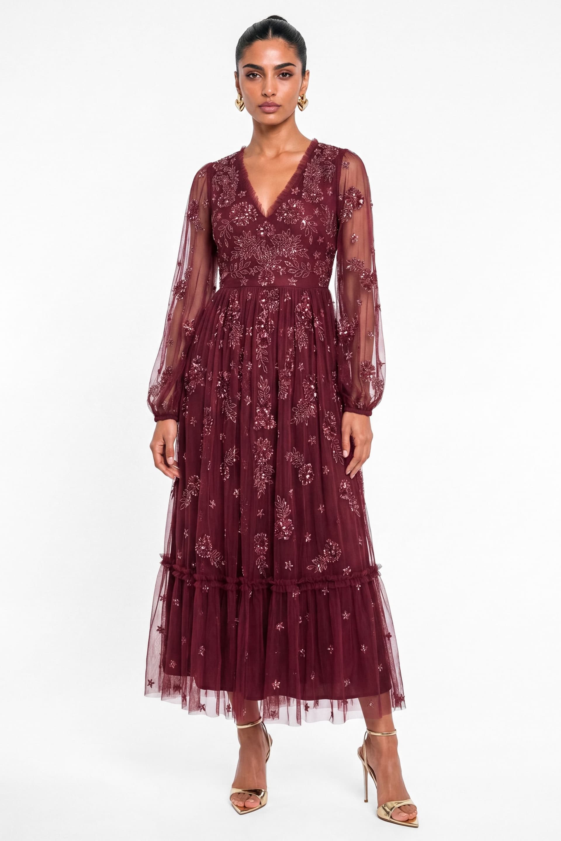 Maya Deluxe Maya Deluxe Women's Embellished Frilled V Neck Midaxi Dress in Dark Red