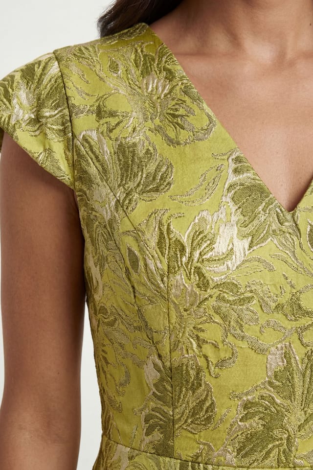 Wallis Wallis Women's Floral Jacquard Cap Sleeve Midi Dress in Chartreuse - 3