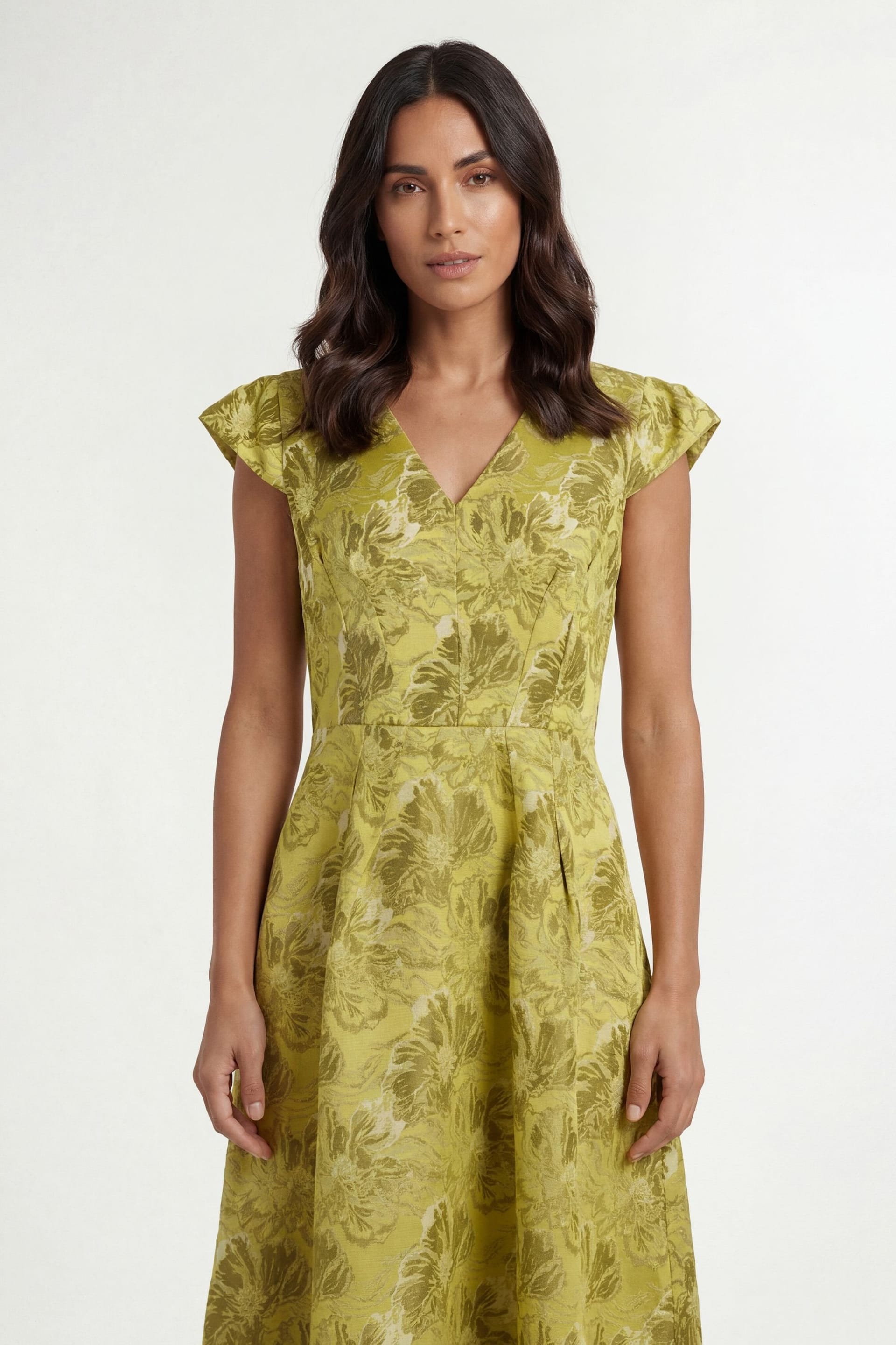 Wallis Wallis Women's Floral Jacquard Cap Sleeve Midi Dress in Chartreuse - 4