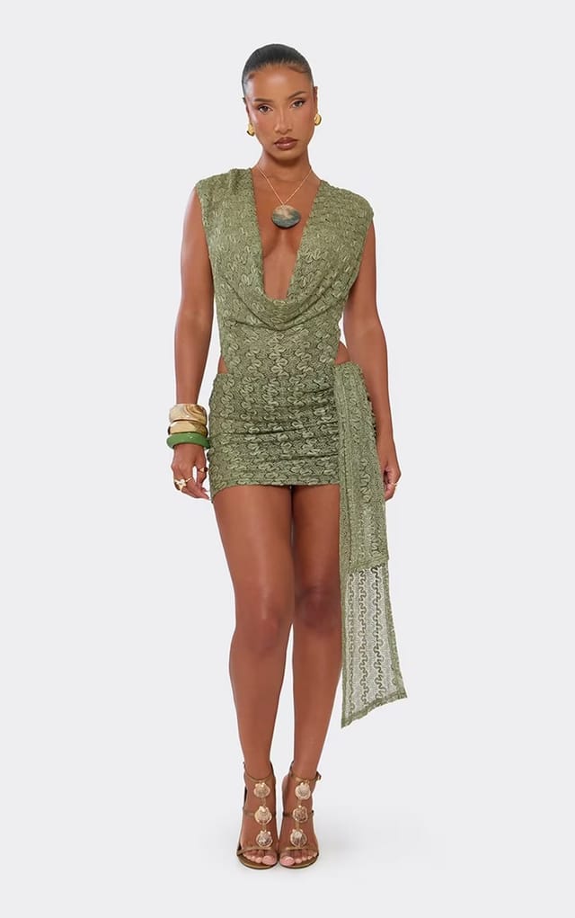 EGO Cowl Neck Sleeveless Bodysuit In Green Texture, Women's Size UK 6 - 2