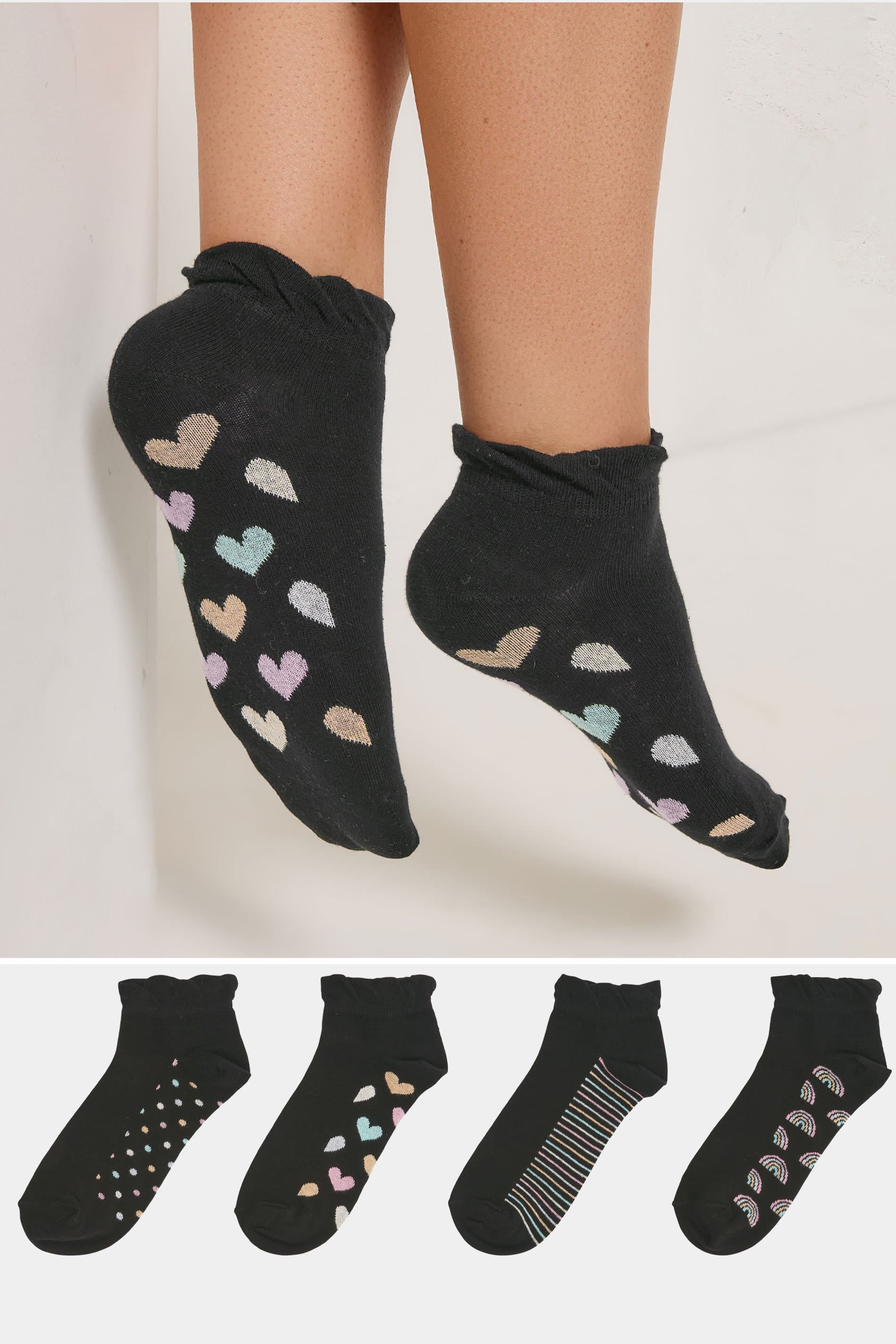 Yours 4 Pack Plus Size Black Heart Print Ankle Socks