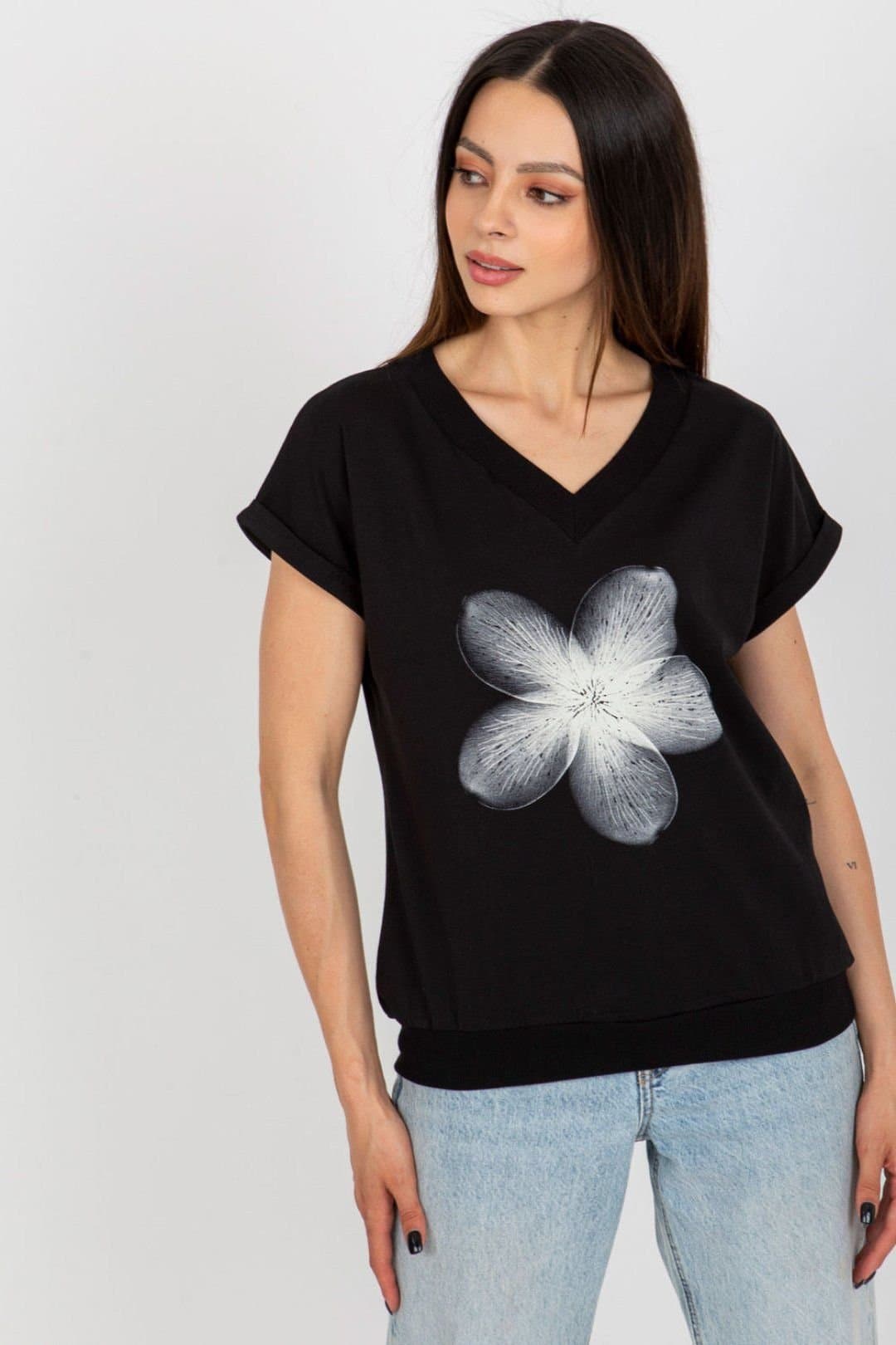 Love Lace Love Lace Women's Cotton Short Sleeve Round Neck Print Blouse in Black