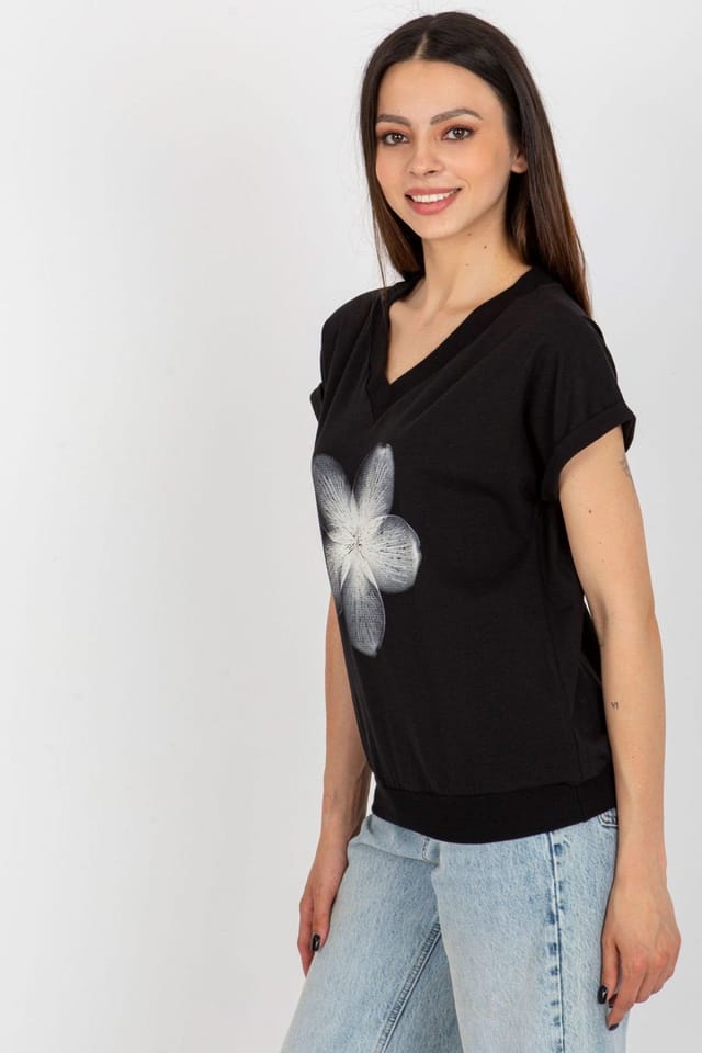 Love Lace Love Lace Women's Cotton Short Sleeve Round Neck Print Blouse in Black - 2