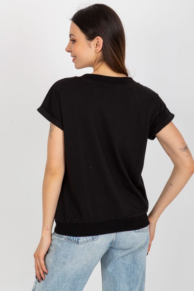 Love Lace Love Lace Women's Cotton Short Sleeve Round Neck Print Blouse in Black - 3