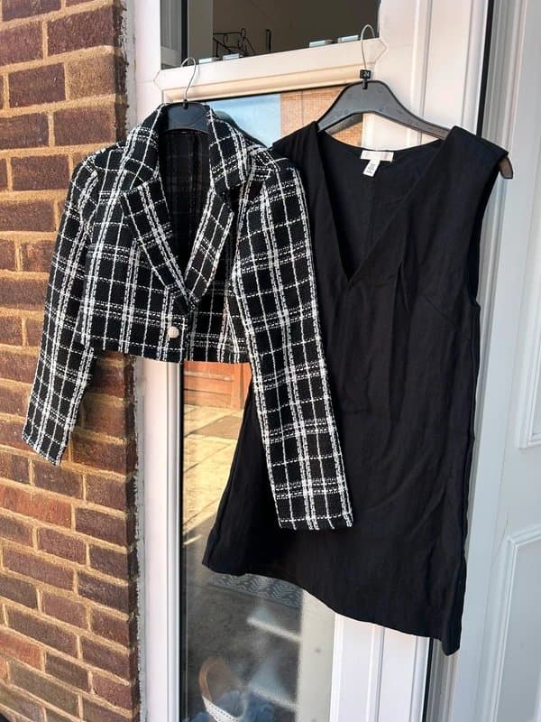 H&M Tweed cropped check blazer & black v neck mini dress size XS 6