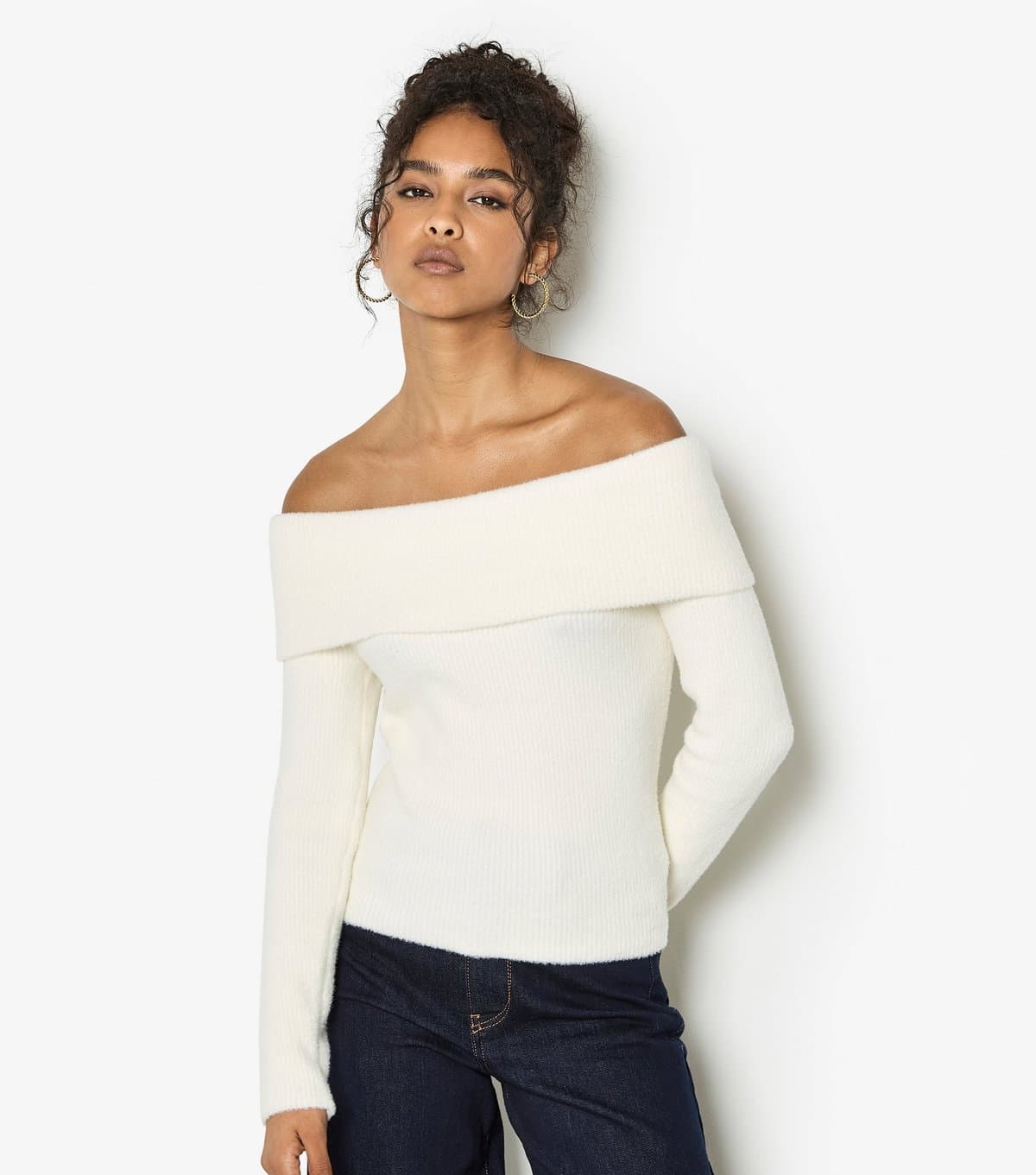 Apricot Women's Cream Fuzzy Ribbed Bardot Jumper Apricot New Look