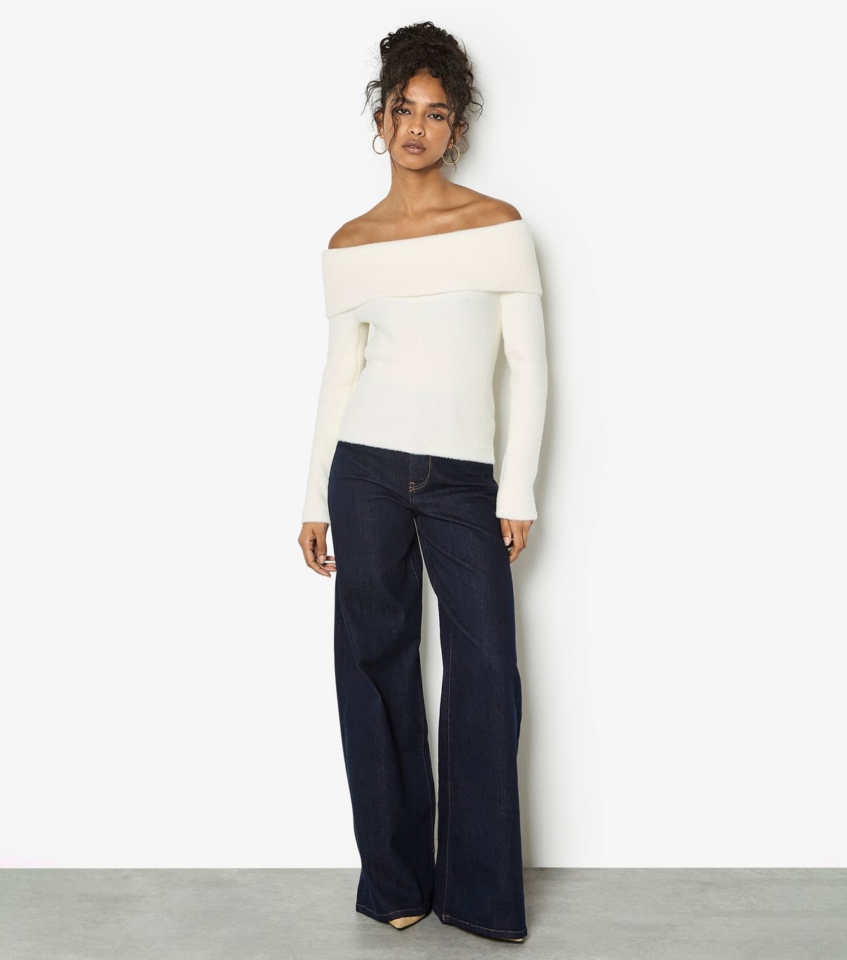 Apricot Women's Cream Fuzzy Ribbed Bardot Jumper Apricot New Look - 2