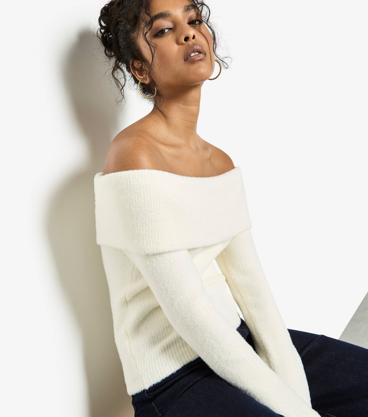 Apricot Women's Cream Fuzzy Ribbed Bardot Jumper Apricot New Look - 4