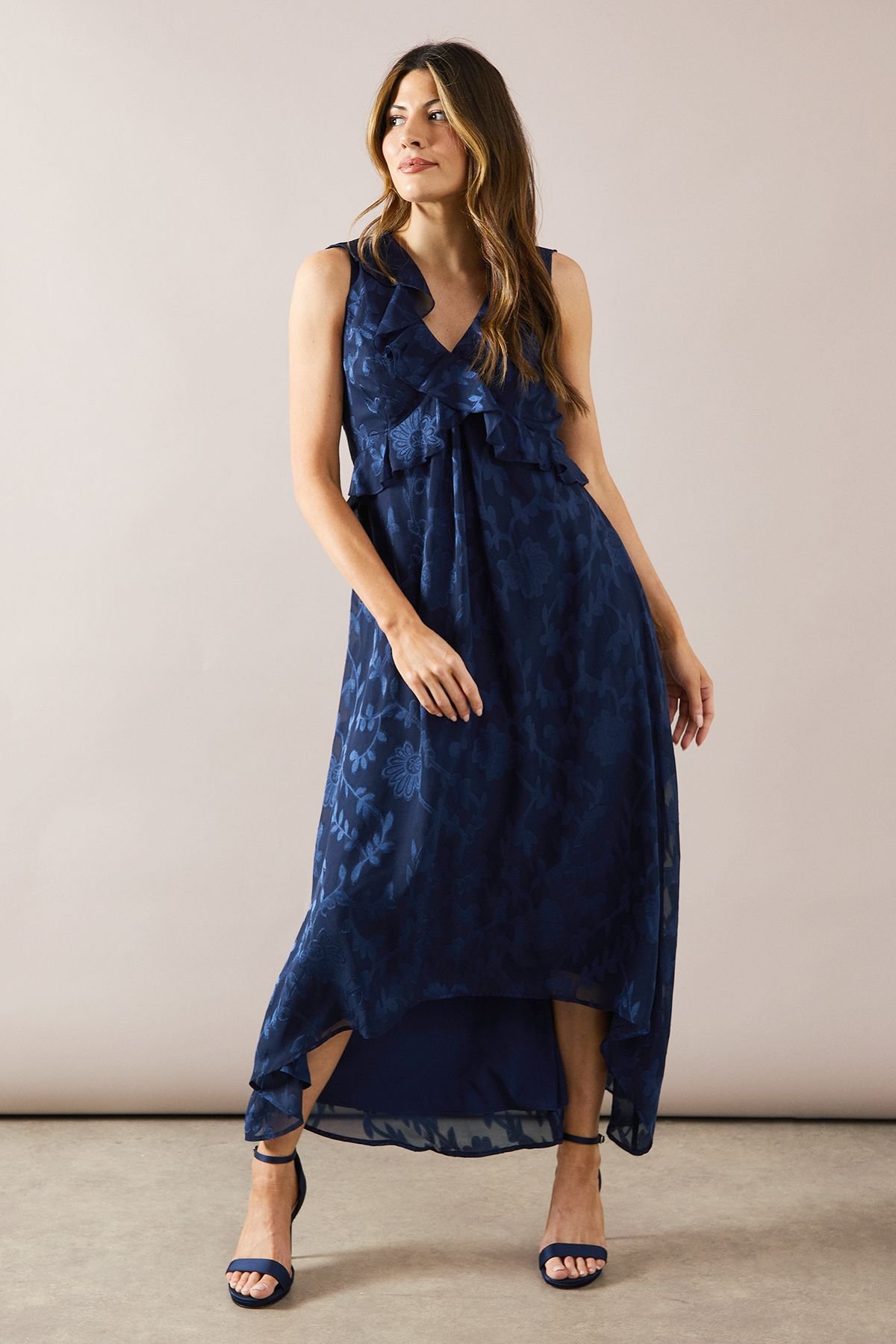 Wallis Wallis Women's Floral Jacquard Ruffle Hi-Low Midi Dress in Blue - 2