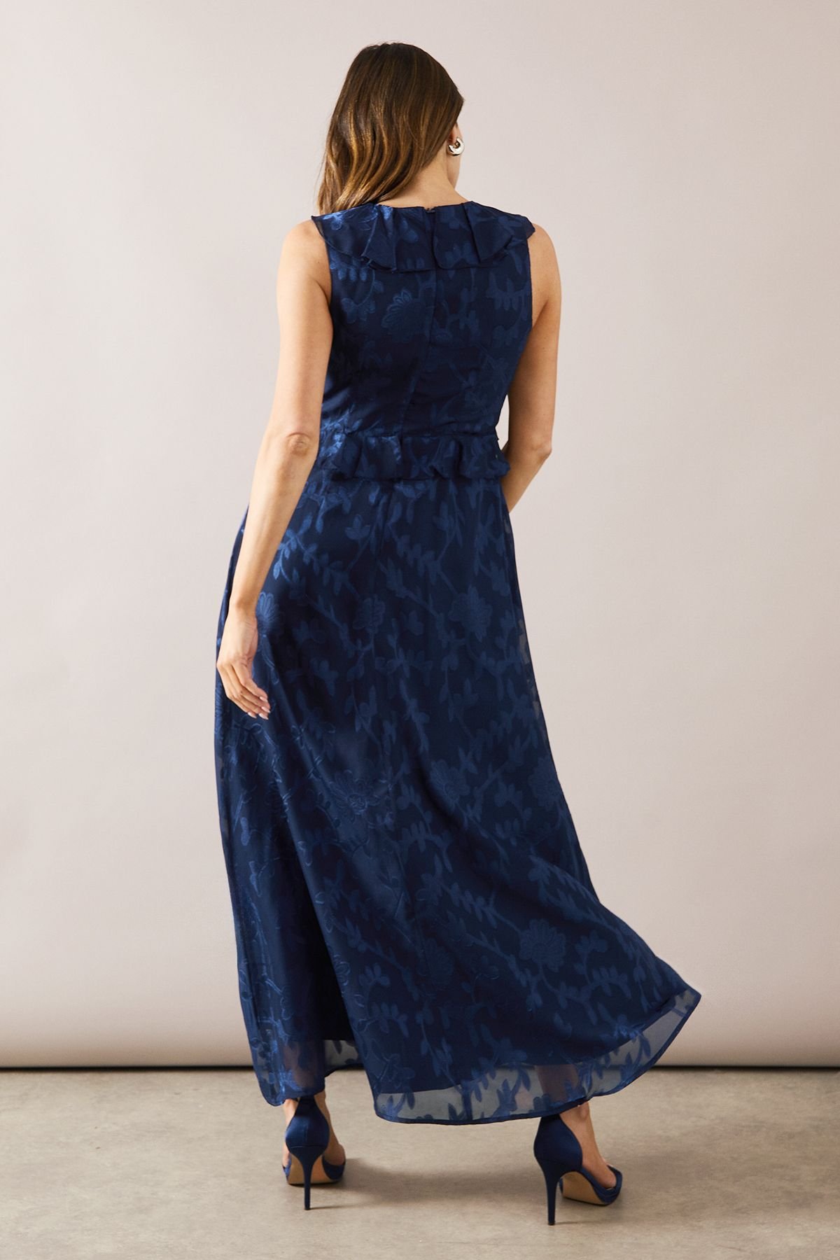 Wallis Wallis Women's Floral Jacquard Ruffle Hi-Low Midi Dress in Blue - 3