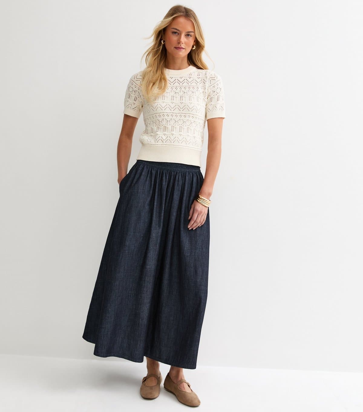New Look New Look Navy Denim Shirred Midi Skirt