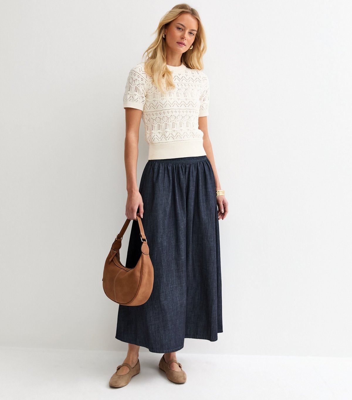 New Look Women's Tall Navy Shirred Denim Midi Skirt New Look - 3