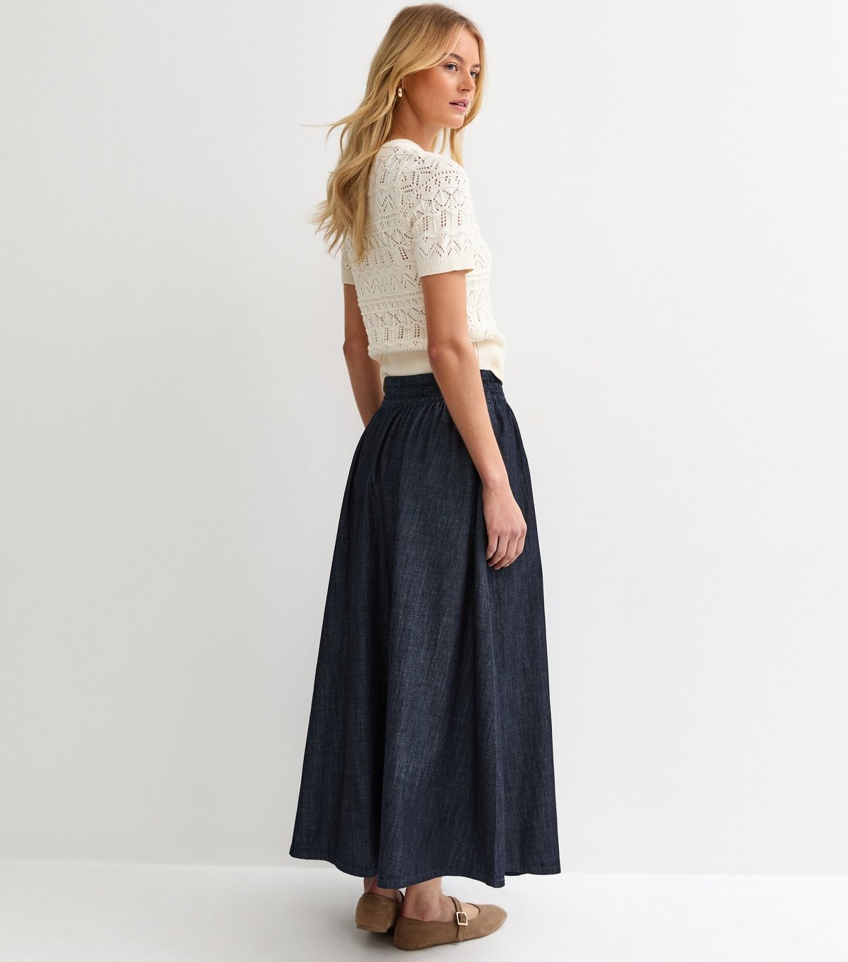 New Look Women's Tall Navy Shirred Denim Midi Skirt New Look - 4