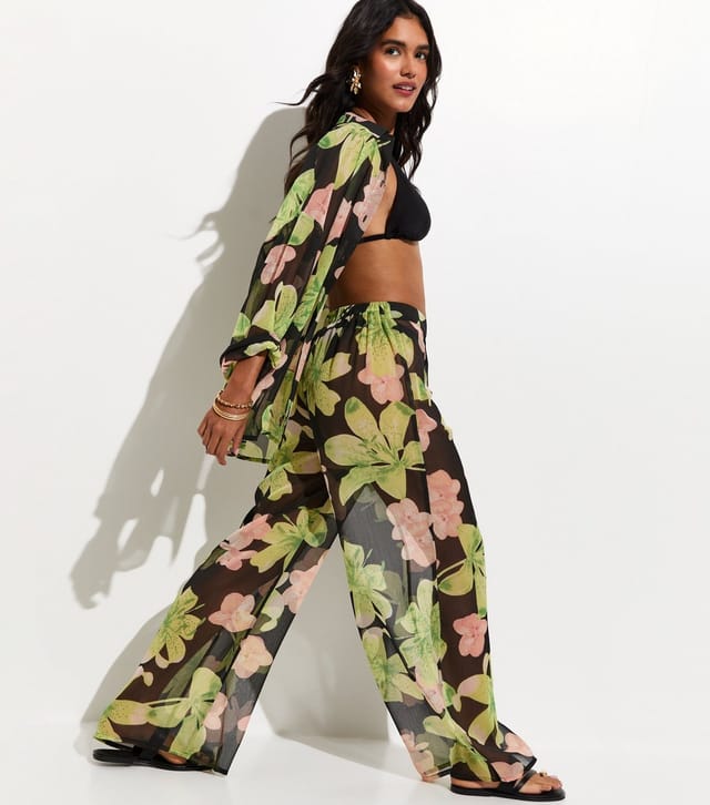 New Look Women's Black Oversized Flower Print Beach Shirt New Look - 3